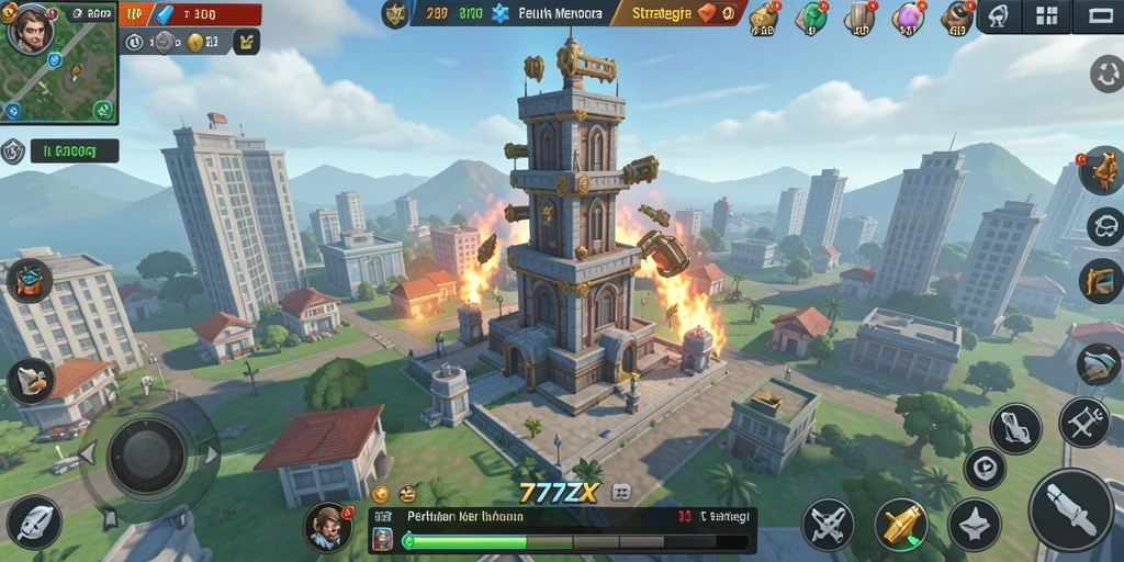 Screenshot gameplay menara pertahanan dalam aksi di 777ZX.