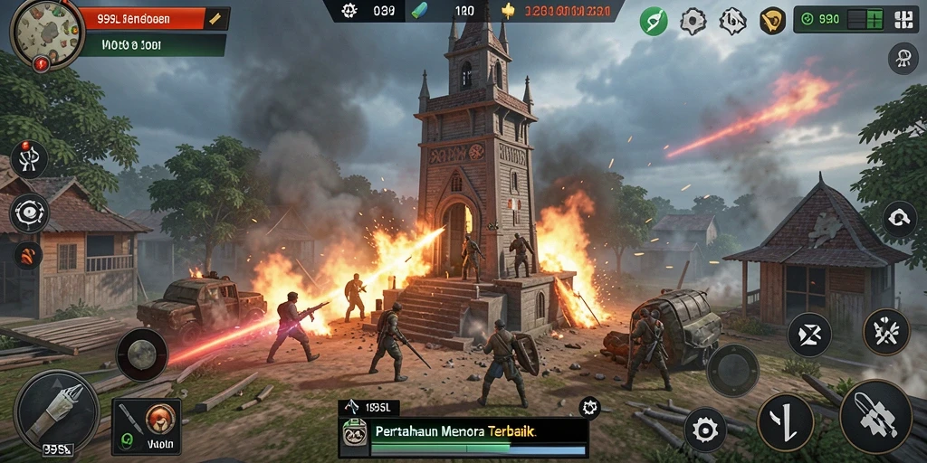 Screenshot utama 99SL menampilkan aksi pertahanan menara yang seru.