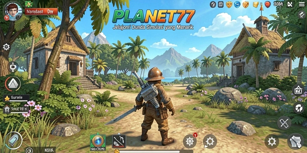 Tampilan gameplay menarik dari PLANET77 yang menggambarkan eksplorasi dunia simulasi.